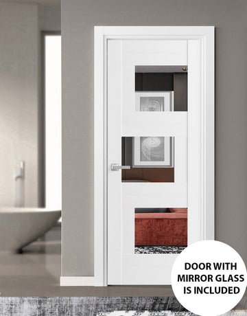 Solid French Door Opaque Glass / Sete 6999 White Silk with Mirror / Single Regular Panel Frame Handle / Bathroom Bedroom Modern Doors