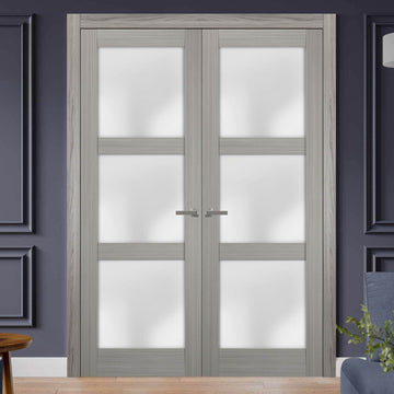Solid French Double Doors | Lucia 2552 Grey Ash with Frosted Glass | Wood Solid Panel Frame Trims | Closet Bedroom Sturdy Doors