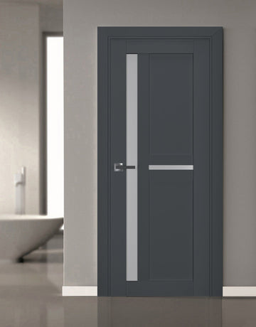 Interior Solid French Door | Veregio 7288 Antracite with Frosted Glass | Single Regular Panel Frame Trims Handle | Bathroom Bedroom Sturdy Doors