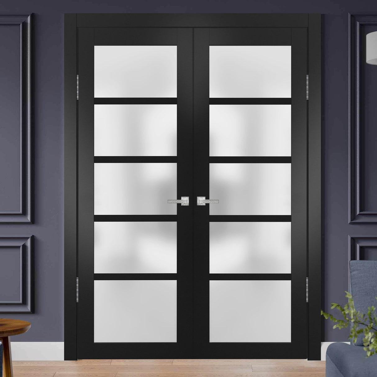 Solid French Double Doors | Quadro 4002 Matte Black with Frosted Glass | Wood Solid Panel Frame Trims | Closet Bedroom Sturdy Doors