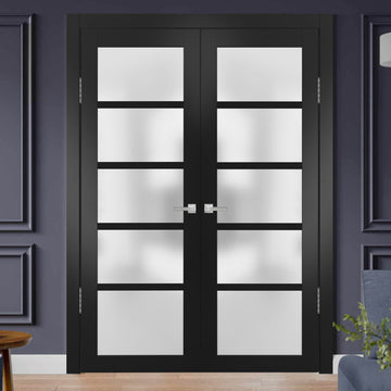 Solid French Double Doors | Quadro 4002 Matte Black with Frosted Glass | Wood Solid Panel Frame Trims | Closet Bedroom Sturdy Doors