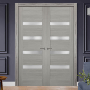 Solid French Double Doors | Quadro 4113 Grey Ash with Frosted Glass | Wood Solid Panel Frame Trims | Closet Bedroom Sturdy Doors