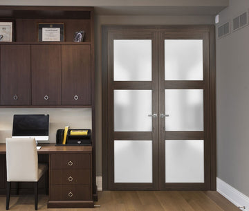 Solid French Double Doors | Lucia 2552 Chocolate Ash with Frosted Glass | Wood Solid Panel Frame Trims | Closet Bedroom Sturdy Doors