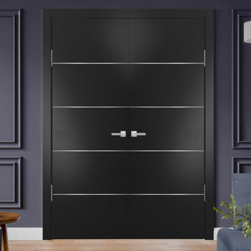 Solid French Double Doors | Planum 0020 Matte Black | Wood Solid Panel Frame Trims | Closet Bedroom Sturdy Doors