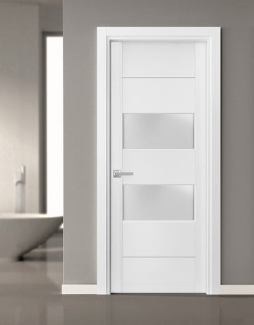 Solid French Door 2 lites | Lucia 4010 White Silk with Frosted Glass | Single Regular Panel Frame Trims Handle | Bathroom Bedroom Sturdy Doors
