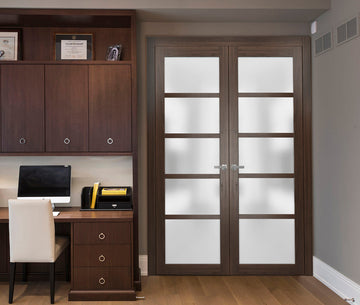 Solid French Double Doors | Quadro 4002 Chocolate Ash with Frosted Glass | Wood Solid Panel Frame Trims | Closet Bedroom Sturdy Doors