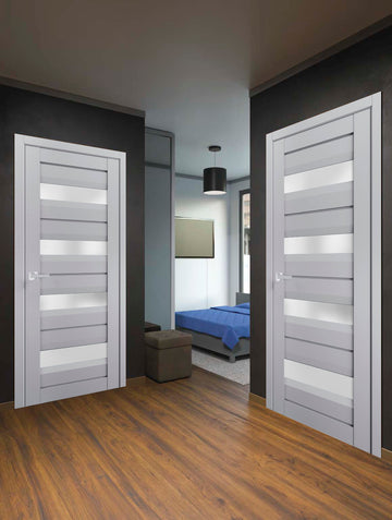 Interior Solid French Door | Veregio 7455 Matte Grey with Frosted Glass | Single Regular Panel Frame Trims Handle | Bathroom Bedroom Sturdy Doors