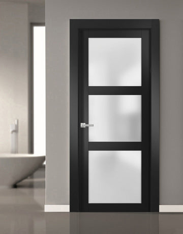 Solid French Door | Lucia 2552 Matte Black with Frosted Glass | Single Regular Panel Frame Trims Handle | Bathroom Bedroom Sturdy Doors