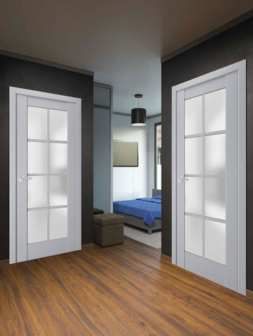 Interior Solid French Door | Veregio 7412 Matte Grey with Frosted Glass | Single Regular Panel Frame Trims Handle | Bathroom Bedroom Sturdy Doors