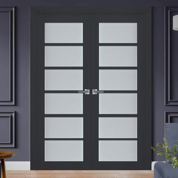 Interior Solid French Double Doors | Veregio 7602 Antracite with Frosted Glass | Wood Solid Panel Frame Trims | Closet Bedroom Sturdy Doors