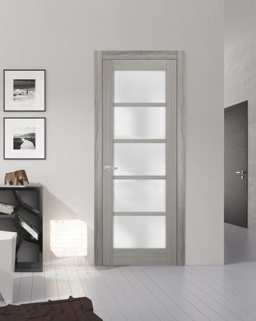 Solid French Door | Quadro 4002 Grey Ash with Frosted Glass | Single Regular Panel Frame Trims Handle | Bathroom Bedroom Sturdy Doors