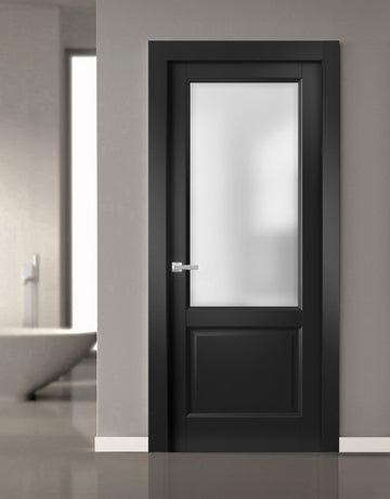 Solid Interior French | Lucia 22 Matte Black with Frosted Glass | Single Regular Panel Frame Trims Handle | Bathroom Bedroom Sturdy Doors