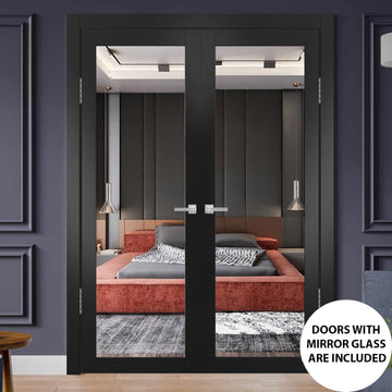 Solid French Double Doors | Lucia 1299 Matte Black with Mirror | Wood Solid Panel Frame Trims | Closet Bedroom Sturdy Doors