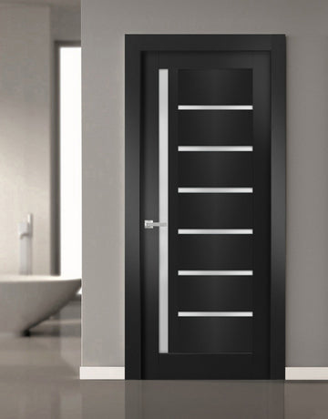 Solid Interior French | Quadro 4088 Matte Black with Frosted Glass | Single Regular Panel Frame Trims Handle | Bathroom Bedroom Sturdy Doors