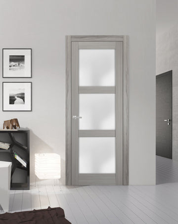 Solid French Door | Lucia 2552 Grey Ash with Frosted Glass | Single Regular Panel Frame Trims Handle | Bathroom Bedroom Sturdy Doors