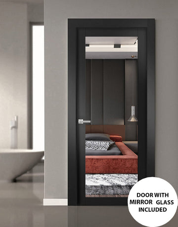 Solid Interior French | Lucia 1299 Matte Black with Mirror | Single Regular Panel Frame Trims Handle | Bathroom Bedroom Sturdy Doors