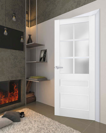 Interior Solid French Door | Veregio 7339 White Silk with Frosted Glass | Single Regular Panel Frame Trims Handle | Bathroom Bedroom Sturdy Doors