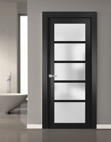 Solid French Door | Quadro 4002 Matte Black with Frosted Glass | Single Regular Panel Frame Trims Handle | Bathroom Bedroom Sturdy Doors