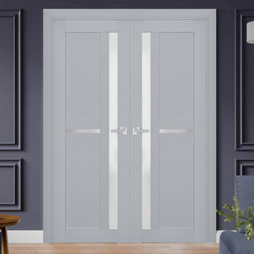Interior Solid French Double Doors | Veregio 7288 Matte Grey with Frosted Glass | Wood Solid Panel Frame Trims | Closet Bedroom Sturdy Doors