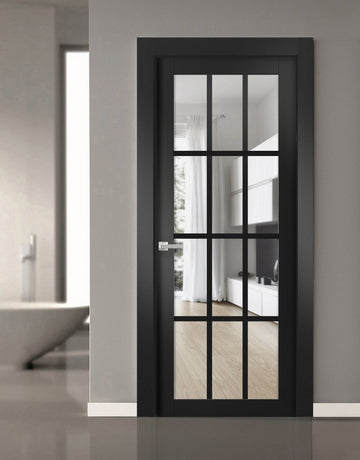 Solid Interior French | Felicia 3355 Matte Black with Clear Glass | Single Regular Panel Frame Trims Handle | Bathroom Bedroom Sturdy Doors