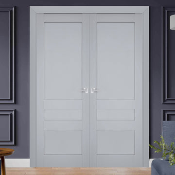 Interior Solid French Double Doors | Veregio 7411 Matte Grey | Wood Solid Panel Frame Trims | Closet Bedroom Sturdy Doors