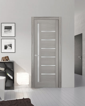 Solid French Door | Quadro 4088 Grey Ash with Frosted Glass | Single Regular Panel Frame Trims Handle | Bathroom Bedroom Sturdy Doors