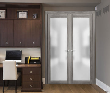 Solid French Double Doors | Planum 2102 Ginger Ash with Frosted Glass | Wood Solid Panel Frame Trims | Closet Bedroom Sturdy Doors