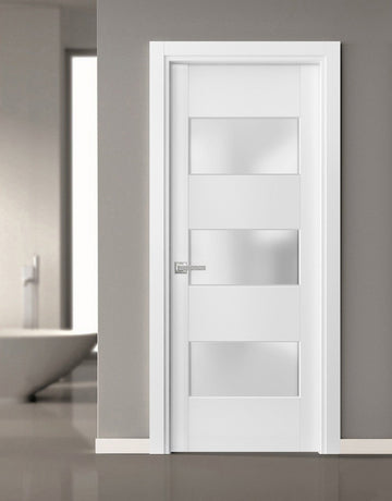 Solid French Door 3 Lites | Lucia 4070 White Silk with Frosted Glass | Single Regular Panel Frame Trims Handle | Bathroom Bedroom Sturdy Doors