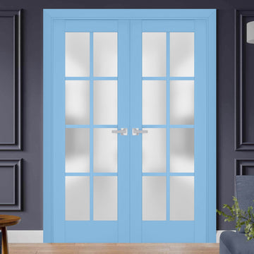 Interior Solid French Double Doors | Veregio 7412 Aquamarine with Frosted Glass | Wood Solid Panel Frame Trims | Closet Bedroom Sturdy Doors