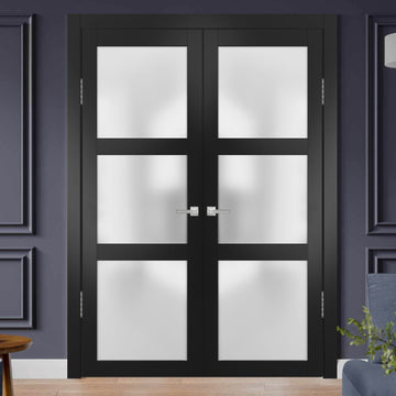 Solid French Double Doors | Lucia 2552 Matte Black with Frosted Glass | Wood Solid Panel Frame Trims | Closet Bedroom Sturdy Doors