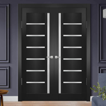 Solid French Double Doors | Quadro 4088 Matte Black with Frosted Glass | Wood Solid Panel Frame Trims | Closet Bedroom Sturdy Doors