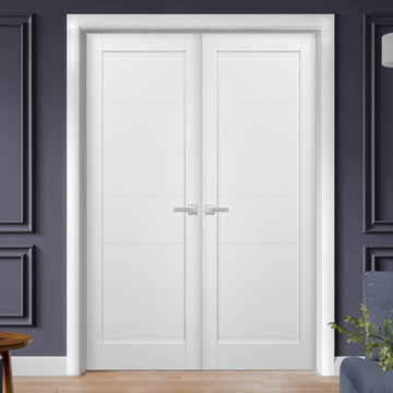 French Double Panel Doors with Hardware | Quadro 4115 White Silk | Panel Frame Trims | Bathroom Bedroom Interior Sturdy Door