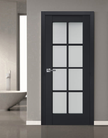 Interior Solid French Door | Veregio 7412 Antracite with Frosted Glass | Single Regular Panel Frame Trims Handle | Bathroom Bedroom Sturdy Doors