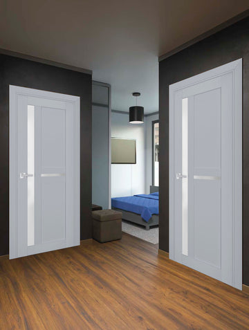 Interior Solid French Door | Veregio 7288 Matte Grey with Frosted Glass | Single Regular Panel Frame Trims Handle | Bathroom Bedroom Sturdy Doors