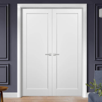 French Double Panel Doors with Hardware | Quadro 4111 White Silk | Panel Frame Trims | Bathroom Bedroom Interior Sturdy Door