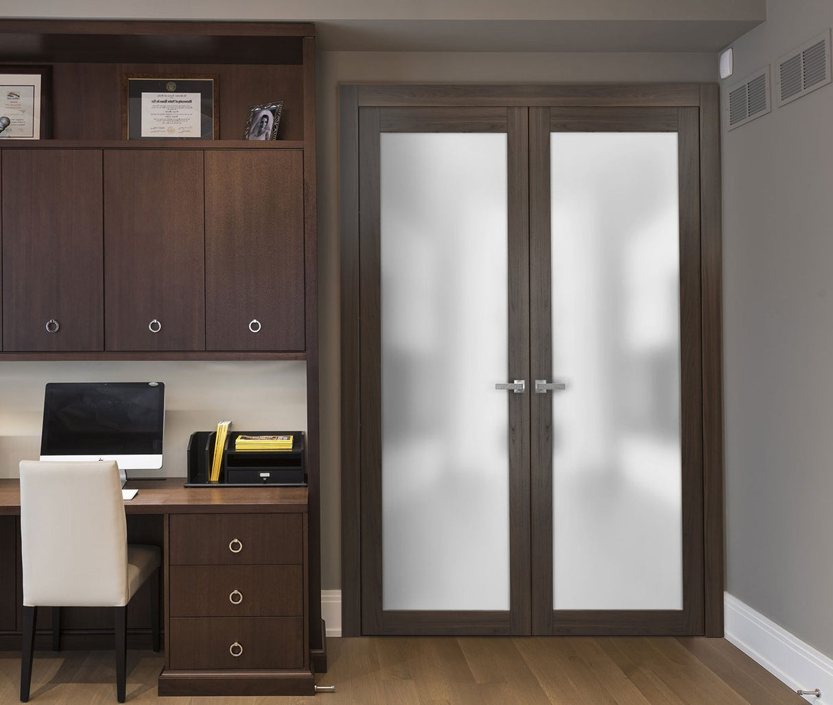 Solid French Double Doors | Planum 2102 Chocolate Ash with Frosted Glass | Wood Solid Panel Frame Trims | Closet Bedroom Sturdy Doors