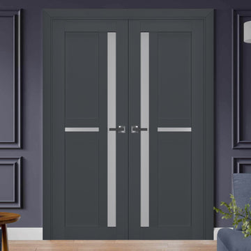 Interior Solid French Double Doors | Veregio 7288 Antracite with Frosted Glass | Wood Solid Panel Frame Trims | Closet Bedroom Sturdy Doors