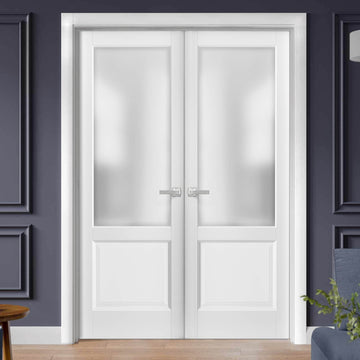 French Double Panel Lite Doors with Hardware | Lucia 22 White Silk with Frosted Opaque Glass | Panel Frame Trims | Bathroom Bedroom Interior Sturdy Door