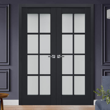 Interior Solid French Double Doors | Veregio 7412 Antracite with Frosted Glass | Wood Solid Panel Frame Trims | Closet Bedroom Sturdy Doors