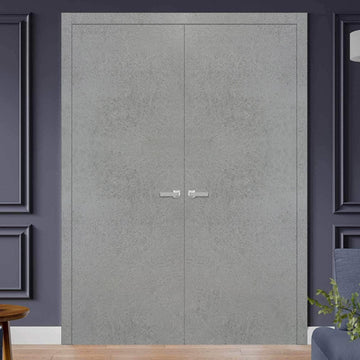 Solid French Double Doors | Planum 0010 Concrete | Wood Solid Panel Frame Trims | Closet Bedroom