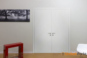 Solid French Double Doors | Planum 0010 White Silk | Wood Solid Panel Frame Trims | Closet Bedroom