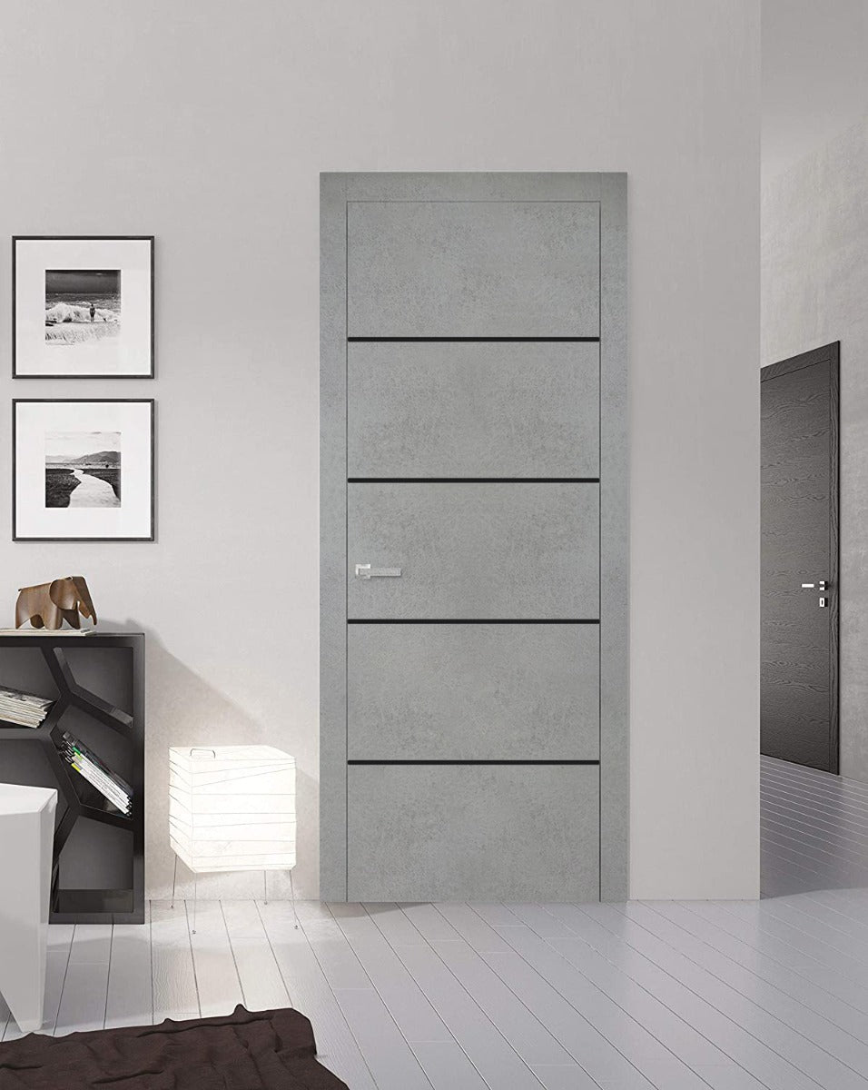 Modern Wood Interior Door with Hardware | Planum 0015 Concrete | Single Panel Frame Trims | Bathroom Bedroom Sturdy Doors