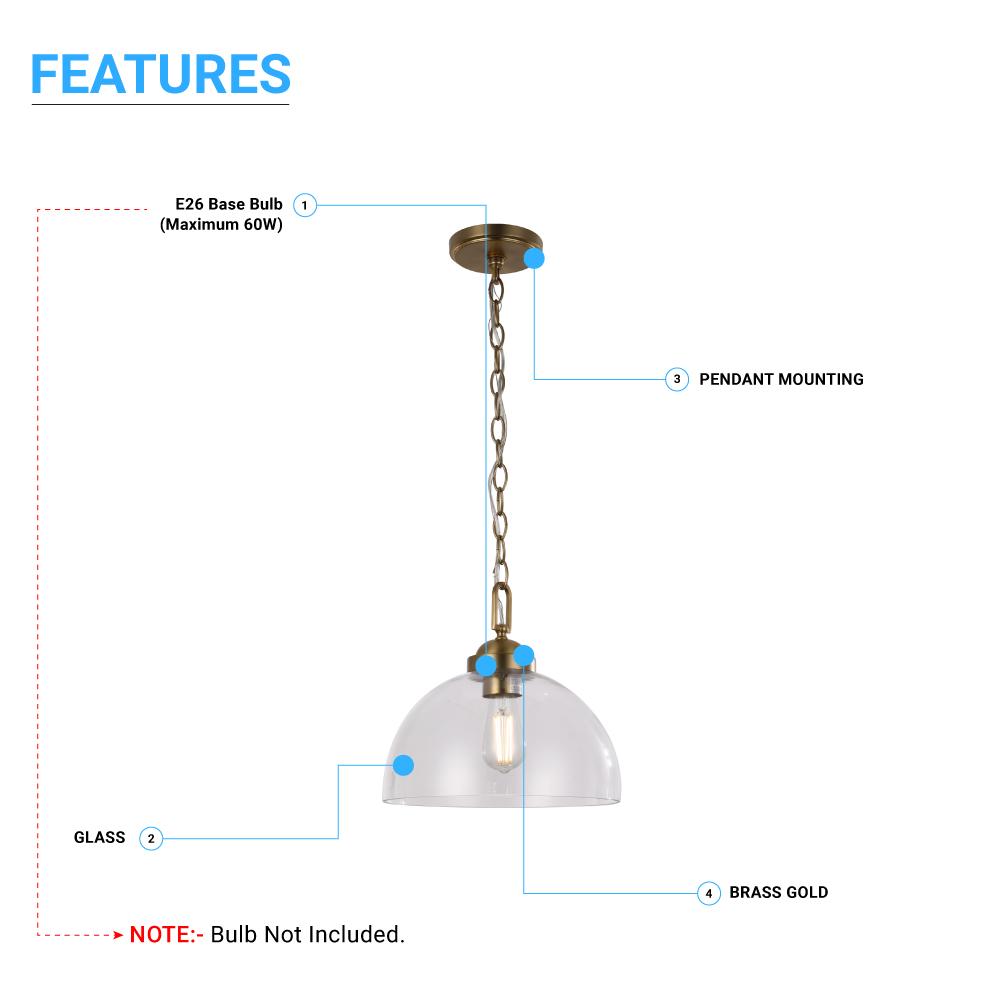 Dome Shape Brass Gold Pendant Light with Clear Glass Shade, E26 Base, UL Listed for Damp Location - BUILDMYPLACE