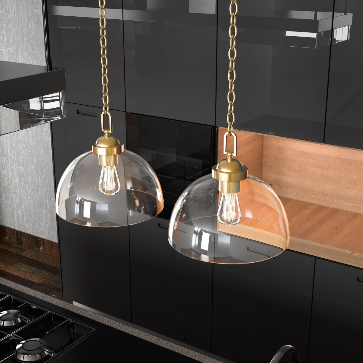 Dome Shape Brass Gold Pendant Light with Clear Glass Shade, E26 Base, UL Listed for Damp Location - BUILDMYPLACE