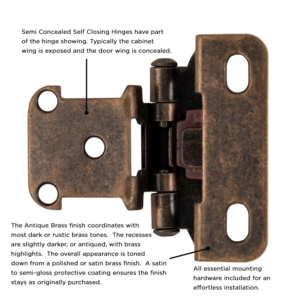 Hickory Hardware Semi-Concealed Cabinet Hinges - 1/2" Overlay Self-Closing Polished Brass