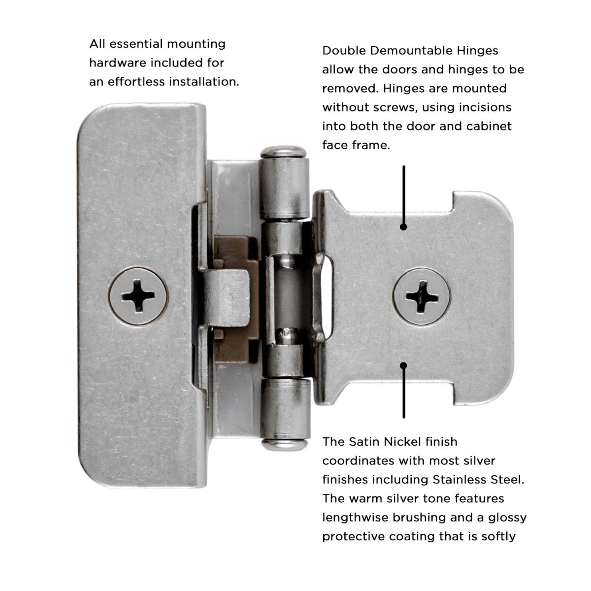 Double Demountable Hinge Collection Hinge Double Demountable 1/4 Inch Overlay (2 Hinges/Per Pack) - Hickory Hardware - BUILDMYPLACE