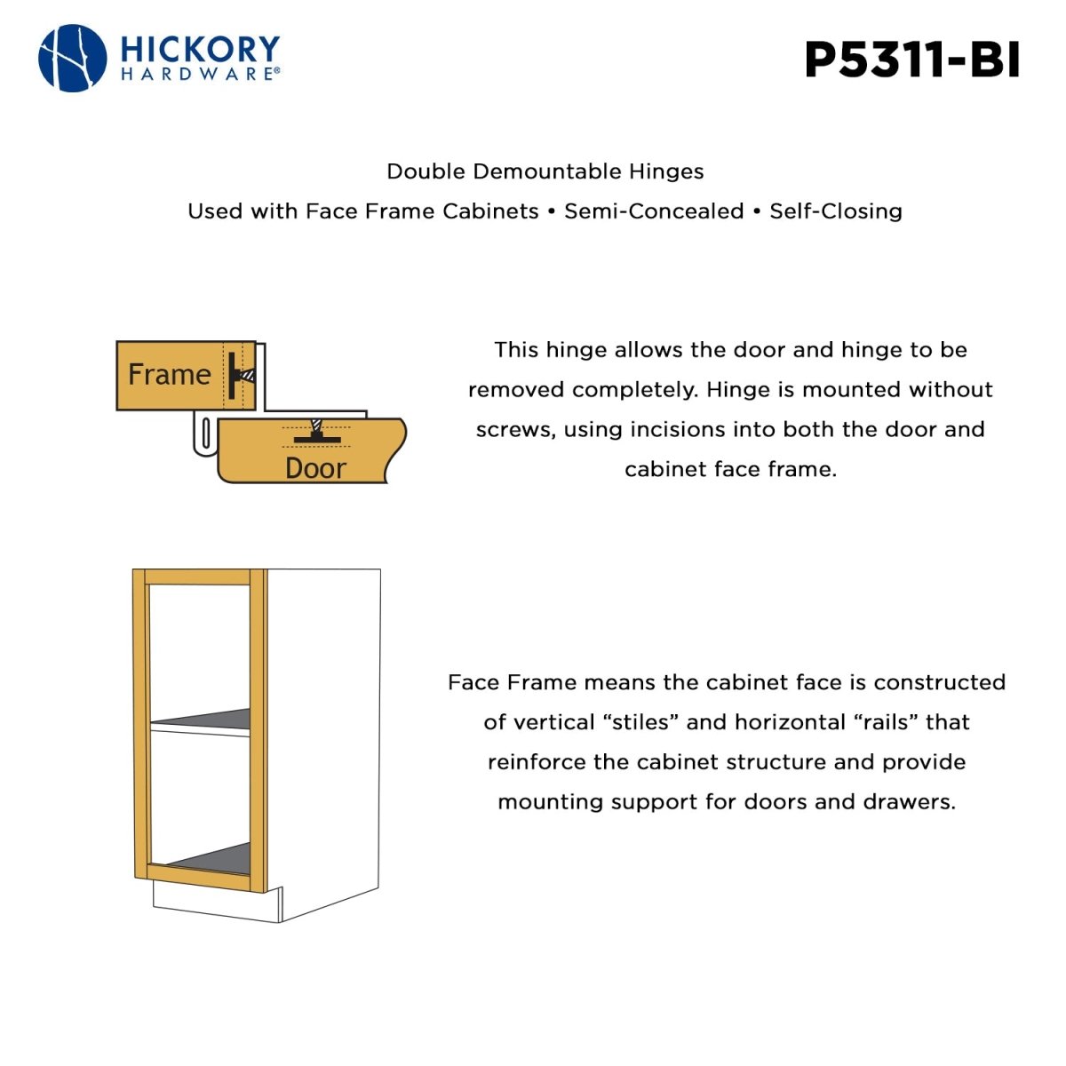 Double Demountable Hinge Collection Hinge Double Demountable 1/4 Inch Overlay (2 Hinges/Per Pack) - Hickory Hardware - BUILDMYPLACE