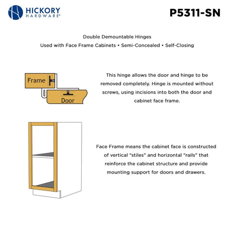 Double Demountable Hinge Collection Hinge Double Demountable 1/4 Inch Overlay (2 Hinges/Per Pack) - Hickory Hardware - BUILDMYPLACE