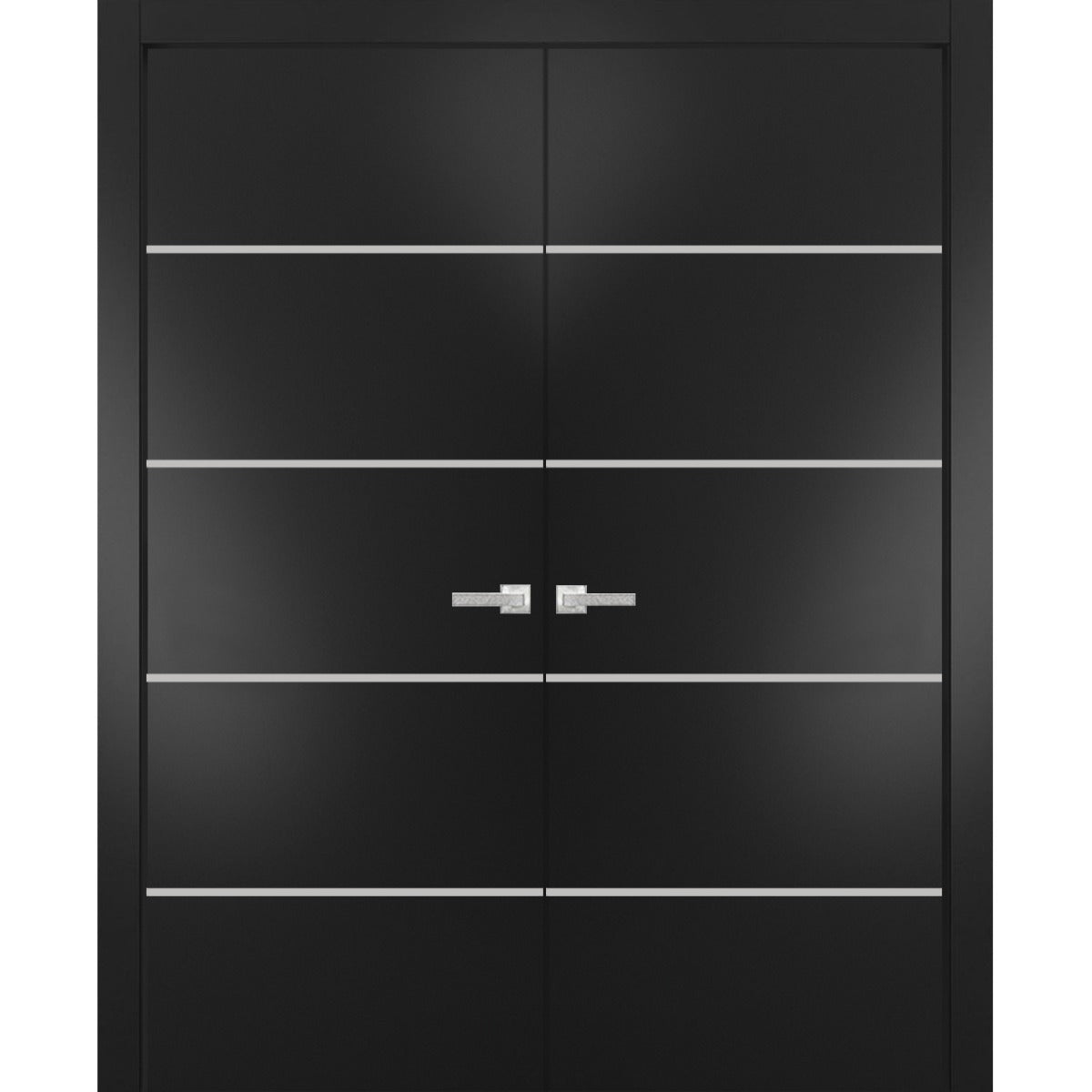 Solid French Double Doors | Planum 0210 Matte Black | Wood Solid Panel Frame Trims | Closet Bedroom