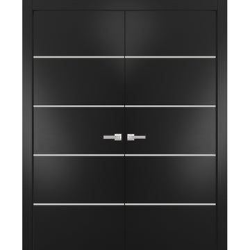 Solid French Double Doors | Planum 0210 Matte Black | Wood Solid Panel Frame Trims | Closet Bedroom